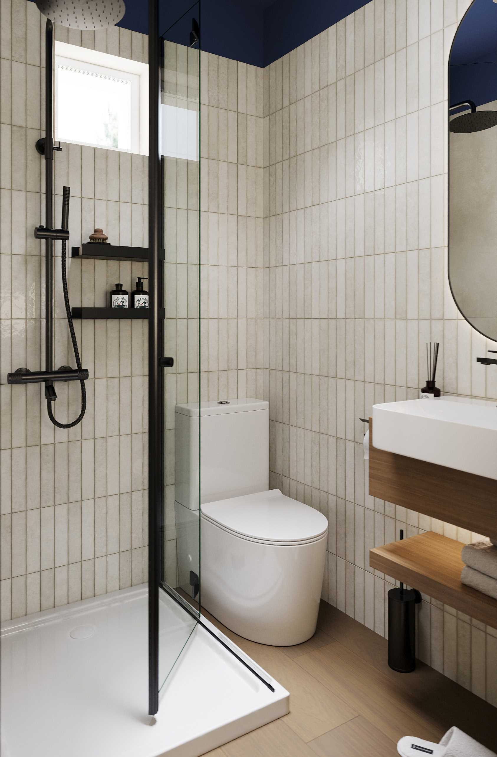 Bathroom with vertical tile, rain shower, and warm light