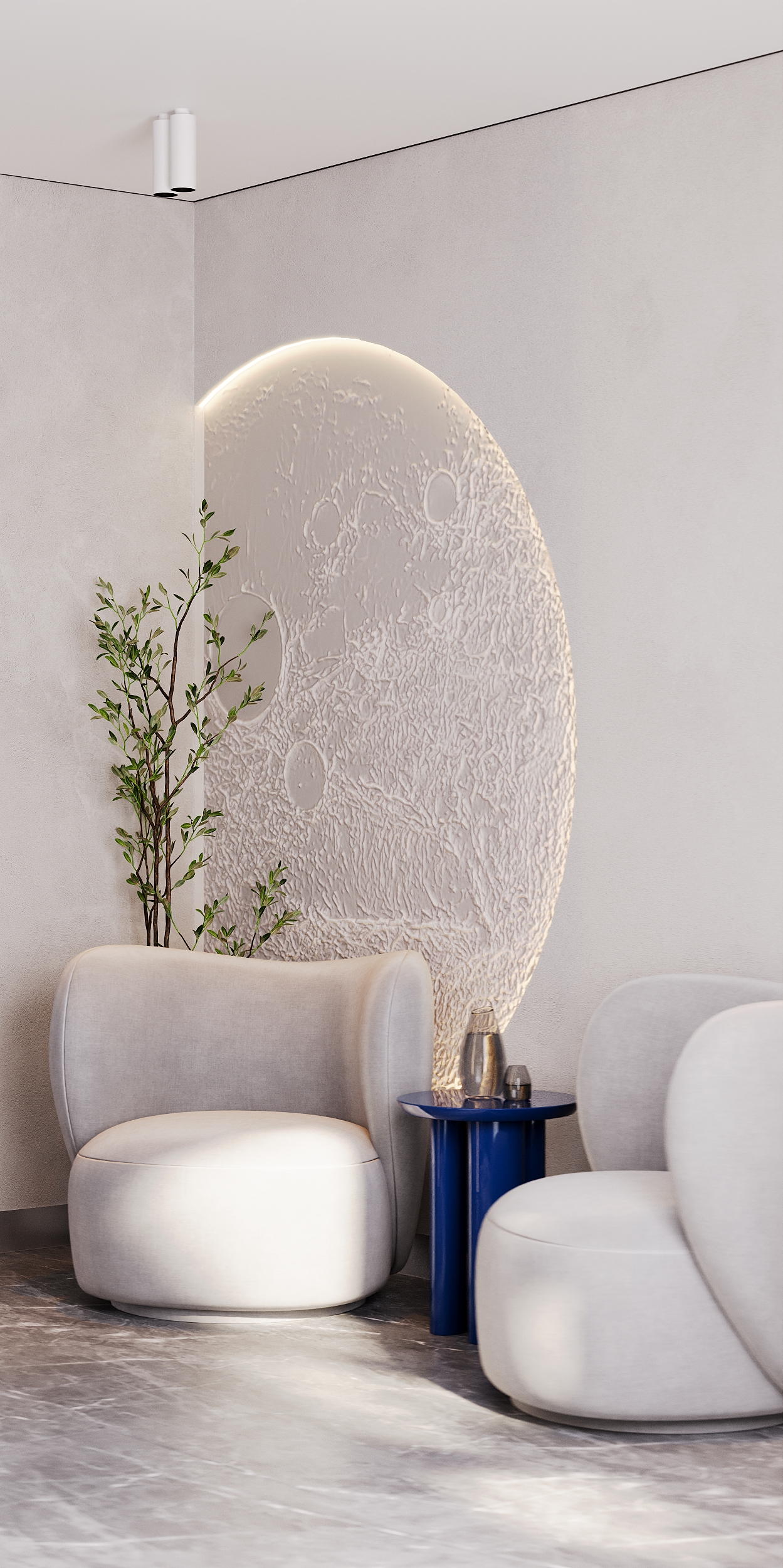 Lounge area with embossed moon relief, plant, and lounge chairs