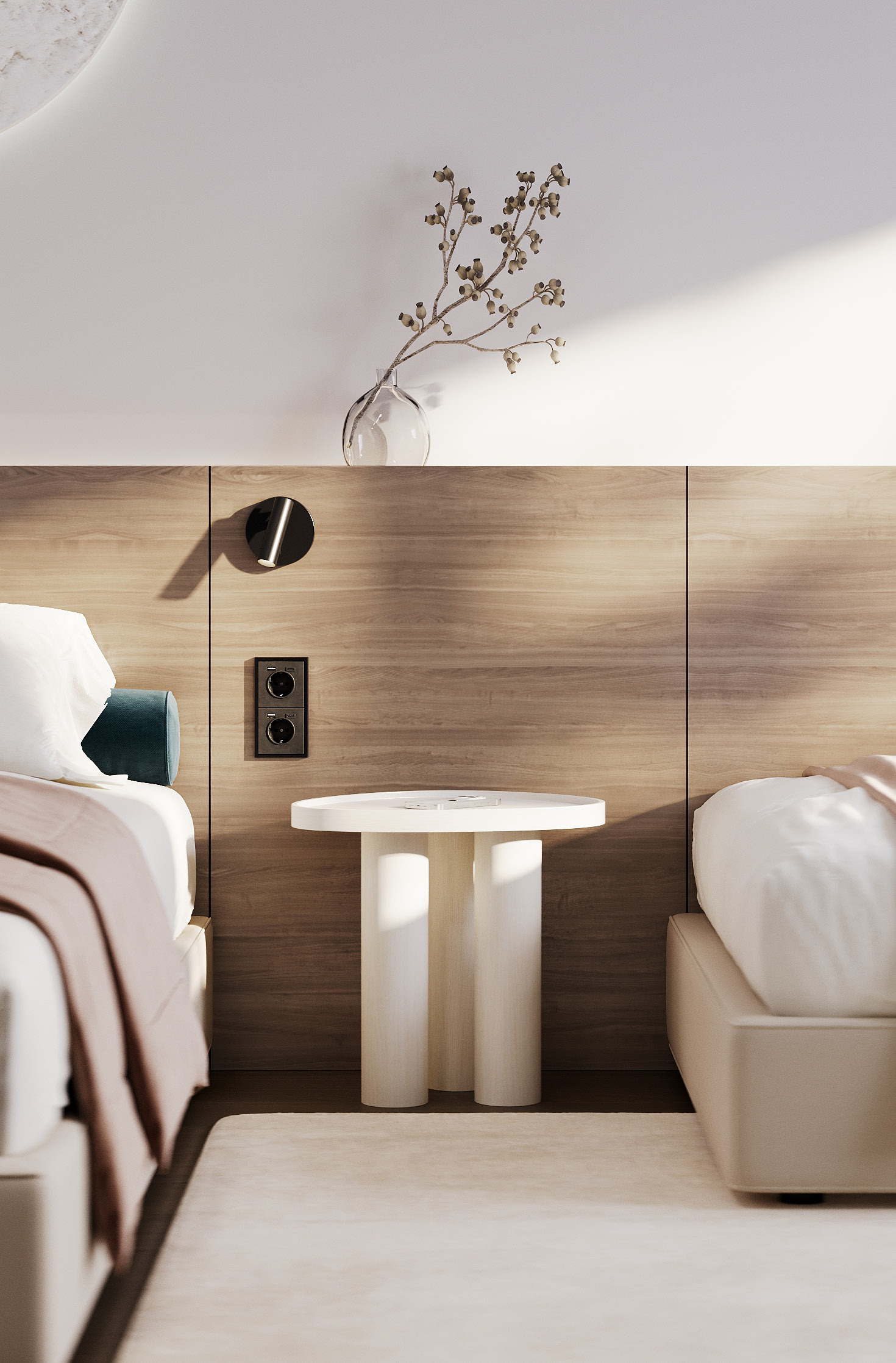 Twin guest room with oak headboard panel and warm minimal styling