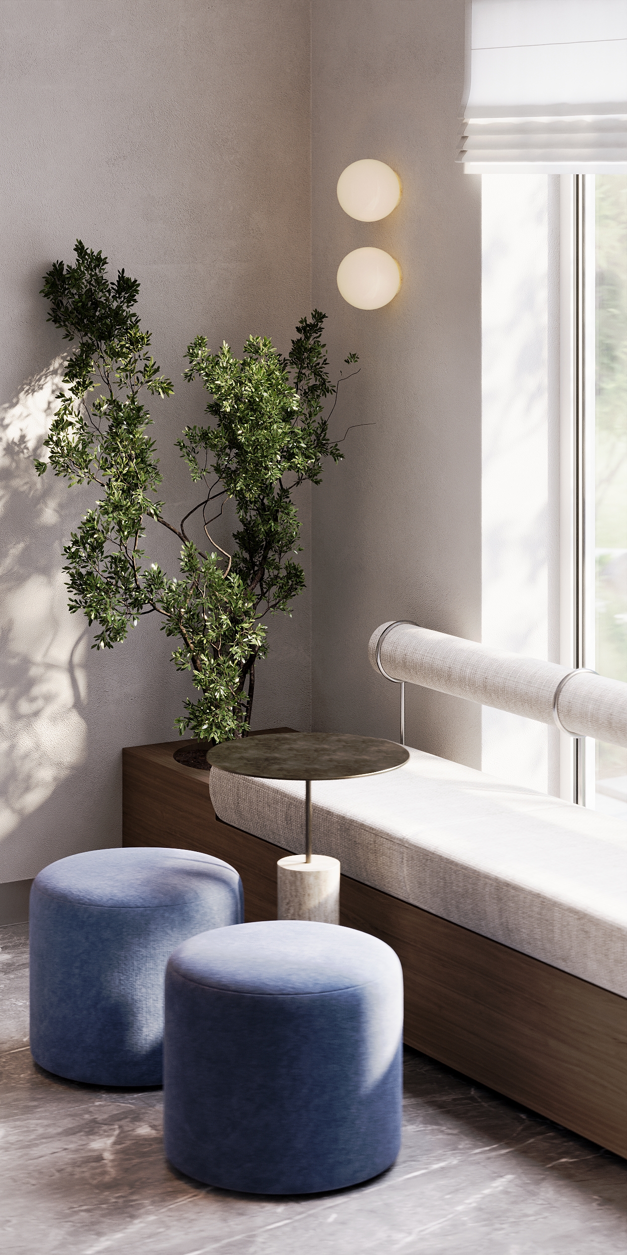 Window nook with bench, side table, and two blue poufs